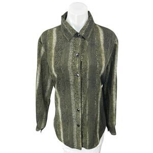 Apparenza Green Reptile Animal Print Long Sleeve Button Down Shirt Blouse Top L